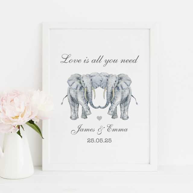 Elephant Anniversary Present, Personalised Print For Fiance, Boyfriend, Girlfriend, Husband, Wife. Wedding Gift - image 1