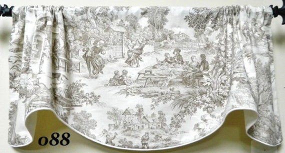 House Party Taupe By Laura Ashley Window Valance /Lined Corded Rod Pocket Scalloped/French Country Toile - image 1