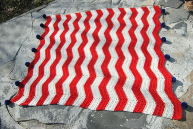 Red White Stripe Chevron Blue Pompom/ Crochet Baby Blanket Throw/ Lap - image 1