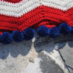 Red White Stripe Chevron Blue Pompom/ Crochet Baby Blanket Throw/ Lap - thumbnail 4