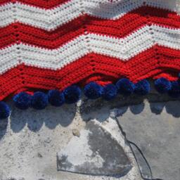 Red White Stripe Chevron Blue Pompom/ Crochet Baby Blanket Throw/ Lap - thumbnail 3