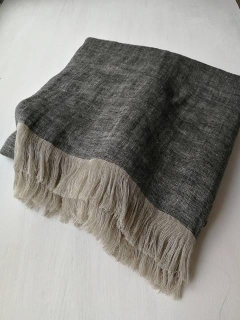 Double Sided Linen Blanket, Fringed Throw, Black Grey Beige Natural Flax Bedspread, 240 Gsm - image 1