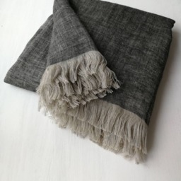 Double Sided Linen Blanket, Fringed Throw, Black Grey Beige Natural Flax Bedspread, 240 Gsm - thumbnail 3