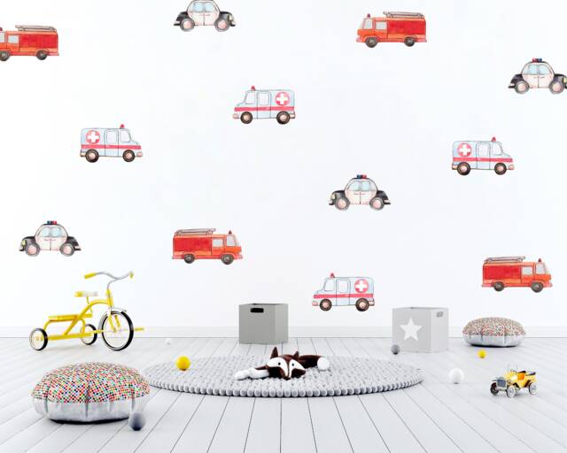 Watercolor Emergency Vehicle Wall Stickers Fire Engine, Ambulance, Police Car - image 1