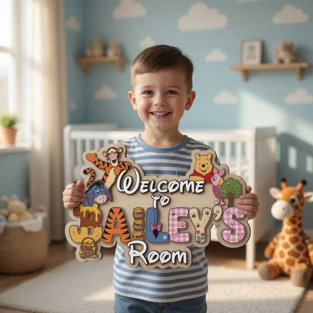 Personalized Winnie The Pooh Nursery Name Sign, Custom Baby Room Decor, & Friends Gift, 3D Wood Bear Wall Art - image 1