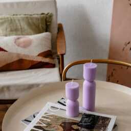 striped Ribbed Pillar Hourglass White Beeswax Candles - thumbnail 3