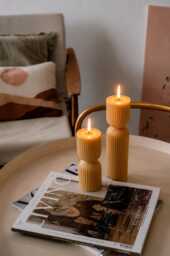 striped Ribbed Pillar Hourglass White Beeswax Candles