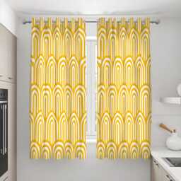 Yellow Retro Arch Curtains, Mid Century Modern Geometric Drapes, Mustard & White Rainbow Pattern Window Panels - thumbnail 3