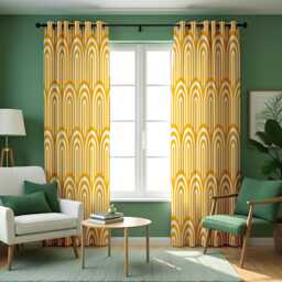 Yellow Retro Arch Curtains, Mid Century Modern Geometric Drapes, Mustard & White Rainbow Pattern Window Panels - thumbnail 4