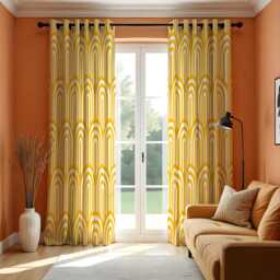 Yellow Retro Arch Curtains, Mid Century Modern Geometric Drapes, Mustard & White Rainbow Pattern Window Panels