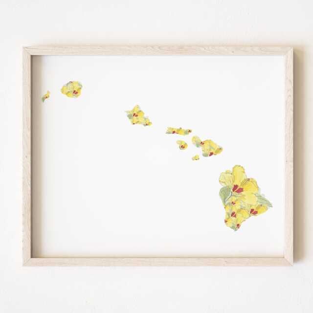 Hawaii State Flower Map Watercolor Pua Aloalo Yellow Hibiscus - Art Print Wall Graduation Wedding Realtor Moving Gift Pacific Travel - image 1