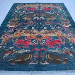 5x8 Ft Afghan Pictorial Kazak Rug, New Farmhouse Handmade Medallion Wool Luxury Bedroom Living Room Office Decor Rug - thumbnail 2
