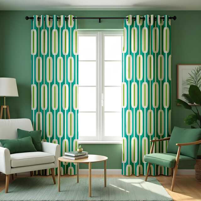 Green Retro Geometric Curtains, Mid Century Modern Pattern Drapes, Teal & Lime Abstract Design Window Panels - image 1
