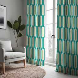 Green Retro Geometric Curtains, Mid Century Modern Pattern Drapes, Teal & Lime Abstract Design Window Panels - thumbnail 4