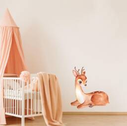 Baby Deer Wall Decal Watercolor Fawn Sticker Removable Fabric Woodland Animal Art Childrens Nursery Room Decor