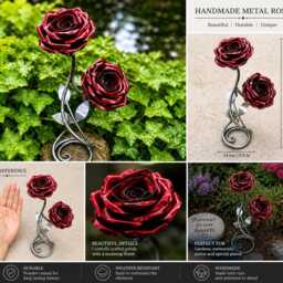 Handmade Rose Red Anniversary Metal Flower Sculpture Handcrafted Free Standing Ornament Mother's Day Gift Love Presentation Memorial - thumbnail 2