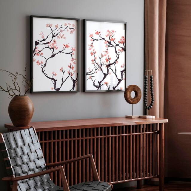Home Decor Wall Hanging, Japandi Cherry Blossom Art, Zen Garden Set Of 2 Prints Office Decor Gift, Japanese Art New - image 1