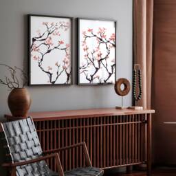 Home Decor Wall Hanging, Japandi Cherry Blossom Art, Zen Garden Set Of 2 Prints Office Decor Gift, Japanese Art New - thumbnail 1