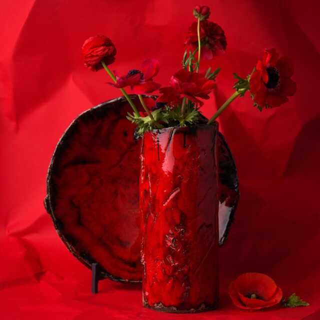 Handmade Red Ceramic Vase, Rustic Art Pottery Decor, Bold Modern Centerpiece, Boho Home Accent Cylinder Christmas Gift - image 1