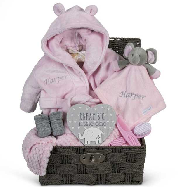 Personalised Baby Gift Basket For Girl Pink Large Hamper Newborn Embroidered Elephant Comforter Blanket Shower Special Unique New Present - image 1