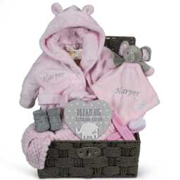 Personalised Baby Gift Basket For Girl Pink Large Hamper Newborn Embroidered Elephant Comforter Blanket Shower Special Unique New Present - thumbnail 1