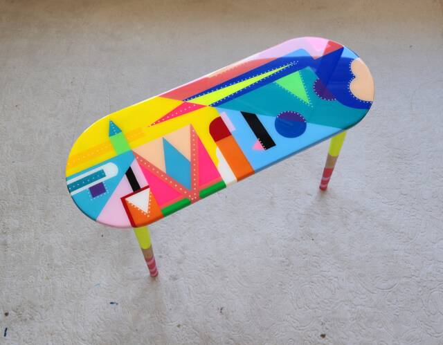 Wooden Pink Epoxy Resin Art Side Table, Handmade Colorful Oval Coffee Table - image 1