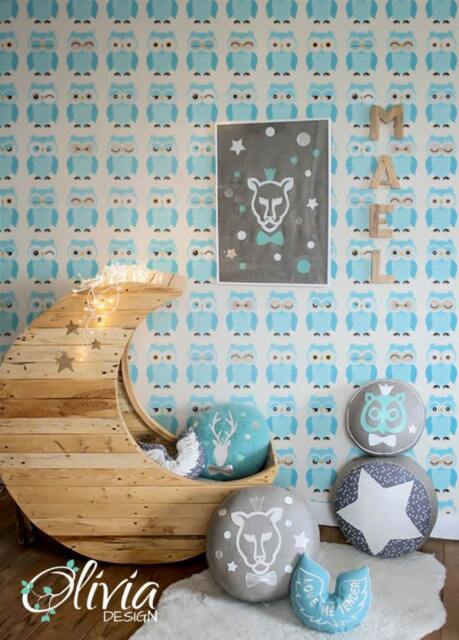 Peel & Stick Vinyl Wallpaper - Blue Cute Owls Pattern Wall Decal, Sticker Olb_024 - image 1