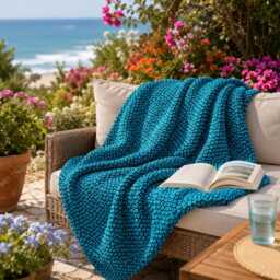 Turquoise Throw Blanket - Durable Sofa Cover Boho Bedspread Portuguese Woven Textile Sustainable Modern Traditional Recycled Cotton