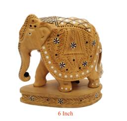 Wooden Elephant Undercut Inlay Work Decorative Floral Design - thumbnail 1