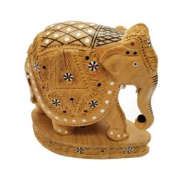 Wooden Elephant Undercut Inlay Work Decorative Floral Design - thumbnail 3