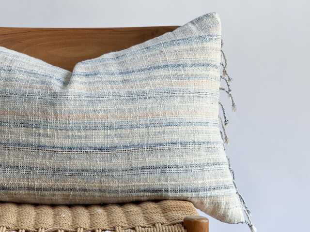 Handwoven Hemp Lumbar Pillow Cover Blue Fringes, Boho Farmhouse Decor - 16x26 - image 1