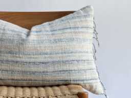 Handwoven Hemp Lumbar Pillow Cover Blue Fringes, Boho Farmhouse Decor - 16x26 - thumbnail 1