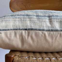 Handwoven Hemp Lumbar Pillow Cover Blue Fringes, Boho Farmhouse Decor - 16x26 - thumbnail 3
