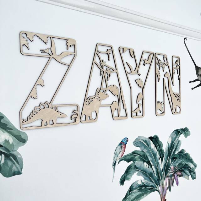 Personalised Dinosaur Name Sign, Wooden Dino Bedroom Decor, Custom Nursery Wall Art, Kids Room Plaque For Boys Gift - image 1