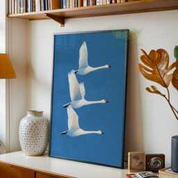 Flying Swans Wall Art, Minimalist Bird Poster, Modern Nature Print, Serene Blue Sky Artwork, Elegant Wildlife Home Decor, Contemporary Art - thumbnail 2