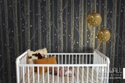 Golden Color Birch Tree On Dark Grey Background With Stars Peel & Stick Wallpaper Magical Theme Wall Decal Sticker