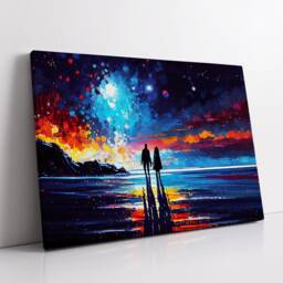 Couple Walking Beach Starry Night Abstract Oil Painting Style Wall Art, Framed Canvas Poster Print, Home Kitchen Office Room Decor, Gifts - thumbnail 2