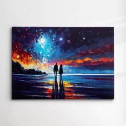 Couple Walking Beach Starry Night Abstract Oil Painting Style Wall Art, Framed Canvas Poster Print, Home Kitchen Office Room Decor, Gifts - thumbnail 3