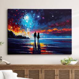Couple Walking Beach Starry Night Abstract Oil Painting Style Wall Art, Framed Canvas Poster Print, Home Kitchen Office Room Decor, Gifts - thumbnail 1