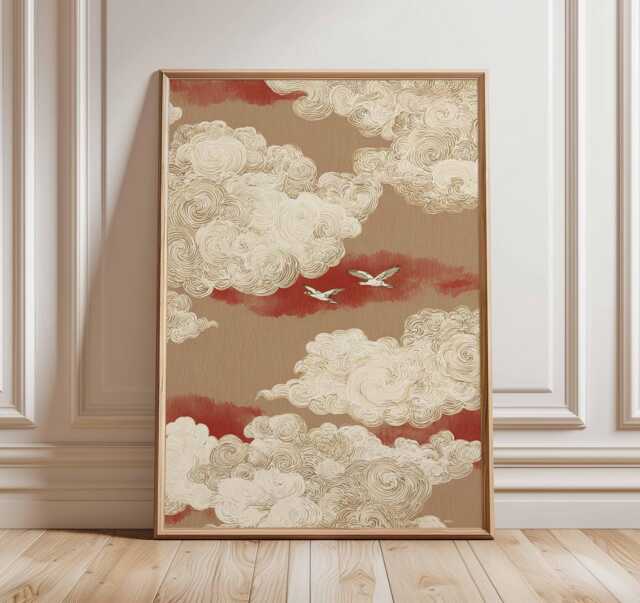 Japanese Cloud Wall Art, Asian Sky Poster With Birds, Red Zen Home Decor Print - image 1