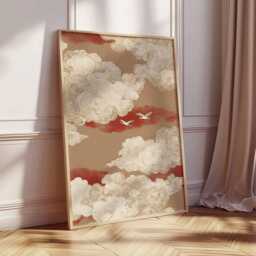 Japanese Cloud Wall Art, Asian Sky Poster With Birds, Red Zen Home Decor Print - thumbnail 2