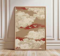 Japanese Cloud Wall Art, Asian Sky Poster With Birds, Red Zen Home Decor Print - thumbnail 1