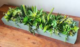 Faux Succulent Planter Artificial Foliage Wooden Centrepiece, Natural Modern Home Decor - thumbnail 1