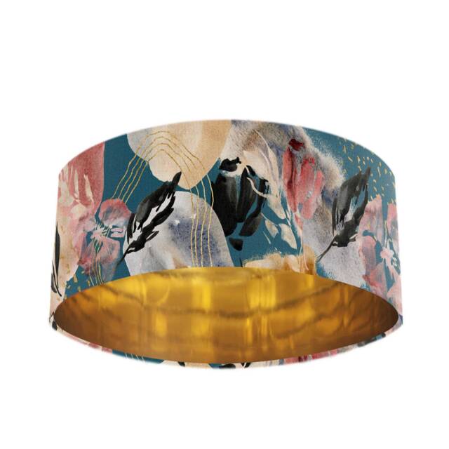 Teal Blue Velvet Lamp Shade With Abstract Design & Mirror Gold Lining - image 1