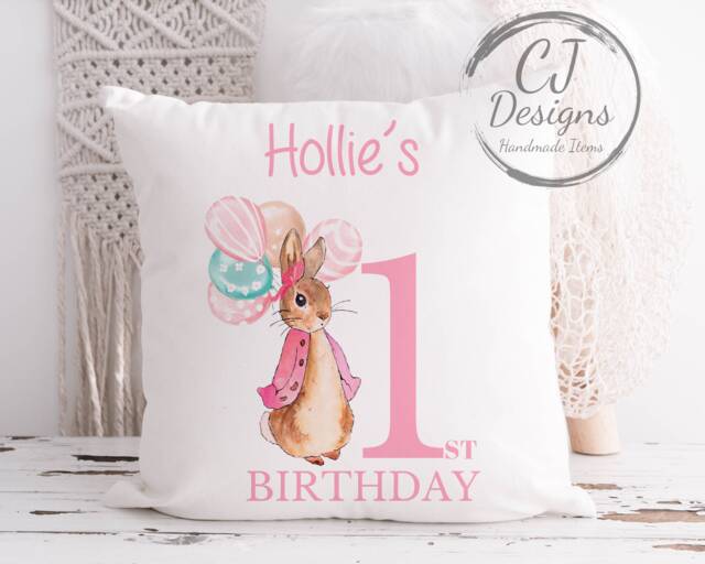 Personalised 1st Birthday Flopsy Rabbit Pink Water Colour White Super Soft Cushion Cover Peter Ages 1-5 - image 1
