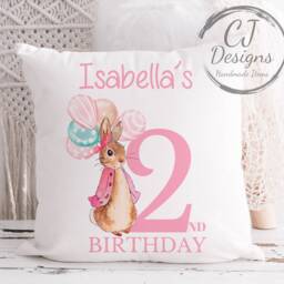 Personalised 1st Birthday Flopsy Rabbit Pink Water Colour White Super Soft Cushion Cover Peter Ages 1-5 - thumbnail 2