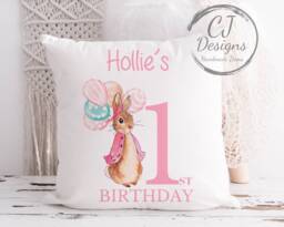 Personalised 1st Birthday Flopsy Rabbit Pink Water Colour White Super Soft Cushion Cover Peter Ages 1-5 - thumbnail 1