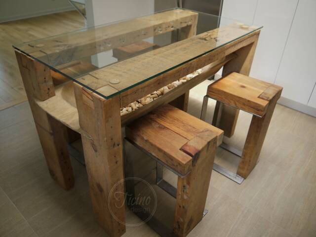 Reclaimed Barn Wood Kitchen Island With Glass Top. Modern Rustic Dining Table - image 1