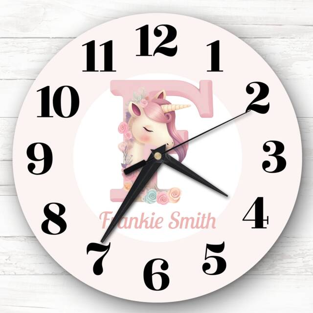 Pink Unicorn Alphabet Letter F Personalised Gift Clock - image 1
