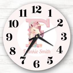 Pink Unicorn Alphabet Letter F Personalised Gift Clock - thumbnail 1